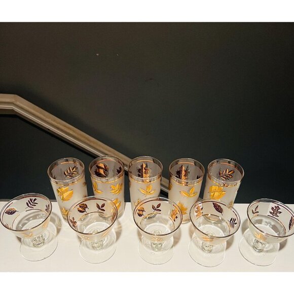 Mid-Century Libbey Gold Leaf Frosted Glasses Vintage Barware Tumblers & Goblets - Picture 6 of 7